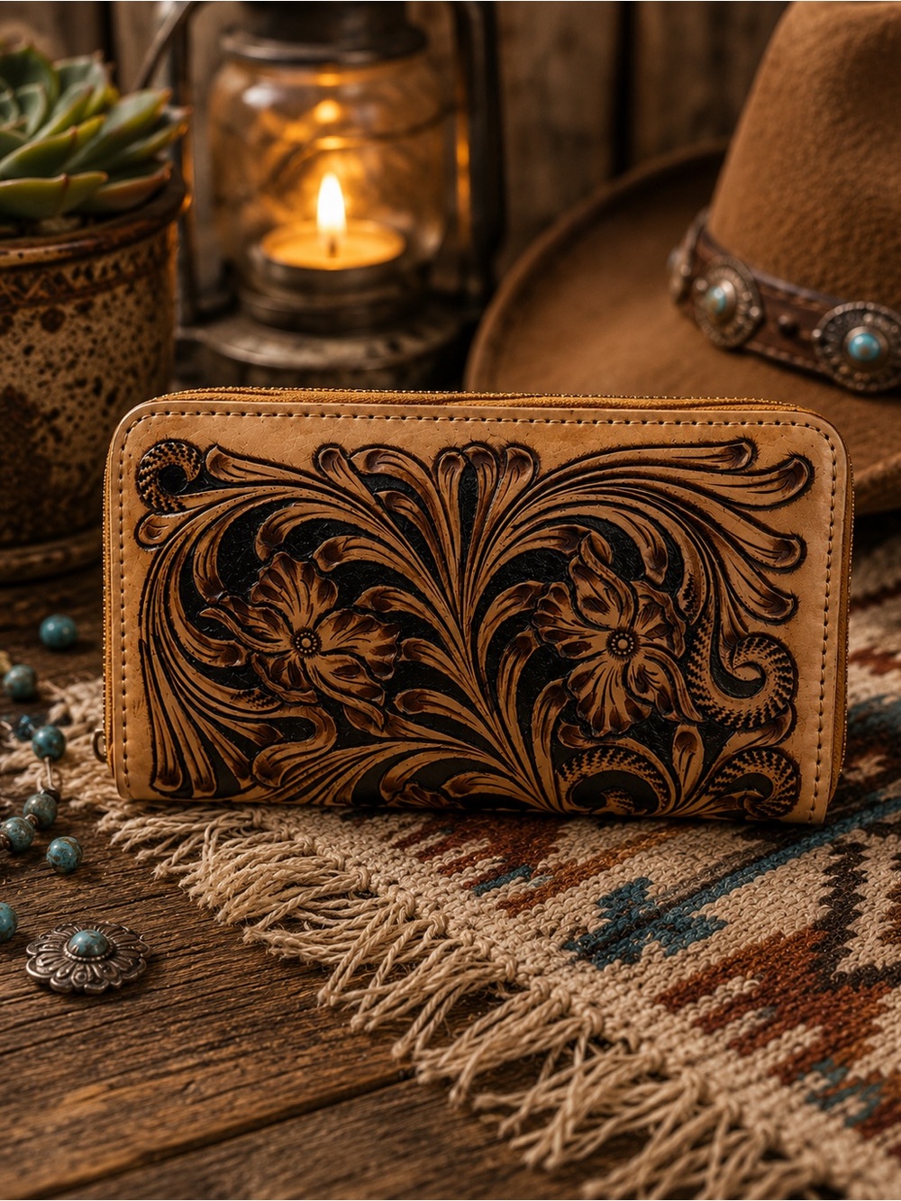 AMERICAN DARLING BLACK AND TAN TOOLED CLUTCH WALLET